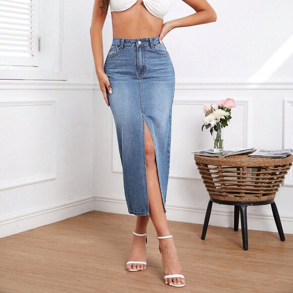Denim Maxi Skirts, High Waist Split Thigh Denim Skirt, Boho Maxi Long Skirt - Picture 6 of 7
